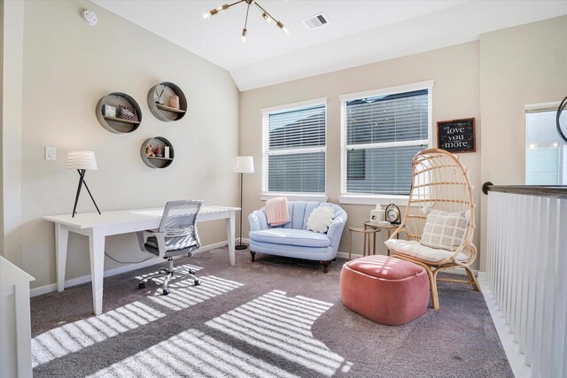 office area with carpet floors, lofted ceiling, and a notable chandelier