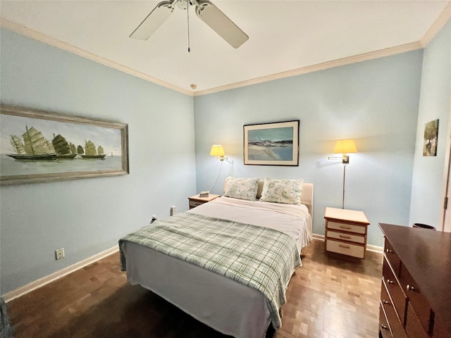 bedroom featuring ceiling fan and ornamental molding