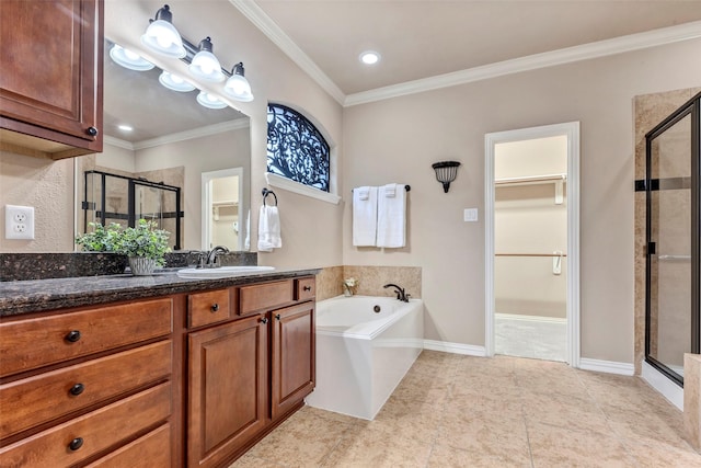 bathroom with tile patterned flooring, crown molding, vanity, and shower with separate bathtub