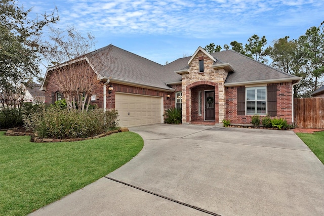 view of front of home with a front lawn and a garage