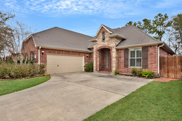 view of front of property featuring a garage and a front lawn