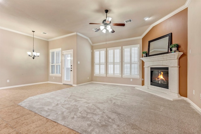 unfurnished living room featuring lofted ceiling, light colored carpet, ornamental molding, and ceiling fan with notable chandelier