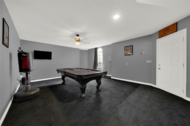 recreation room featuring ceiling fan and pool table