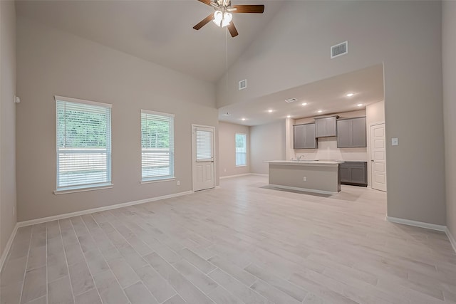 unfurnished living room with a wealth of natural light, high vaulted ceiling, light wood-type flooring, and ceiling fan