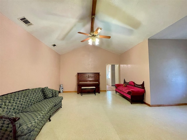 living room featuring lofted ceiling with beams and ceiling fan