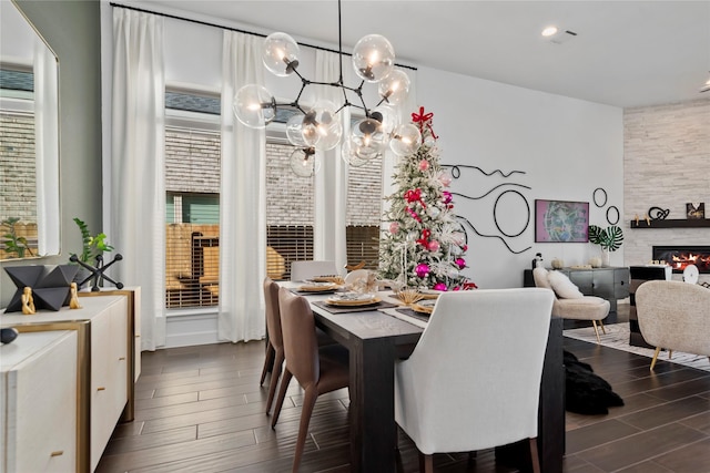 dining space with a fireplace