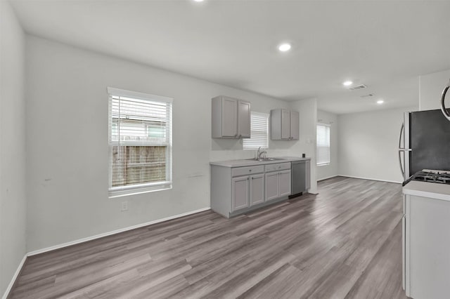 kitchen with gray cabinetry, sink, light hardwood / wood-style floors, and appliances with stainless steel finishes