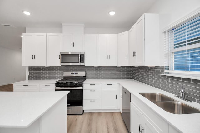 kitchen featuring stainless steel appliances, white cabinetry, tasteful backsplash, and sink