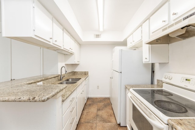 kitchen featuring custom exhaust hood, sink, white electric stove, light stone countertops, and white cabinetry