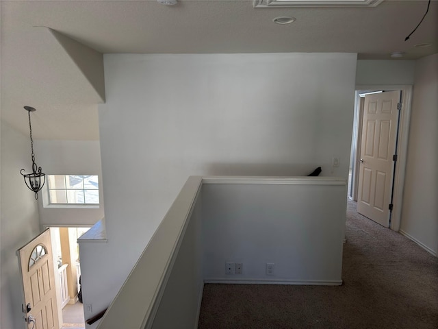 hallway with dark colored carpet