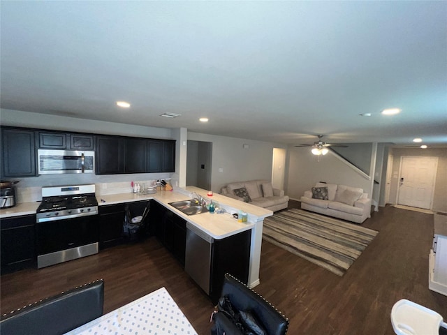 kitchen featuring kitchen peninsula, stainless steel appliances, dark hardwood / wood-style floors, and sink