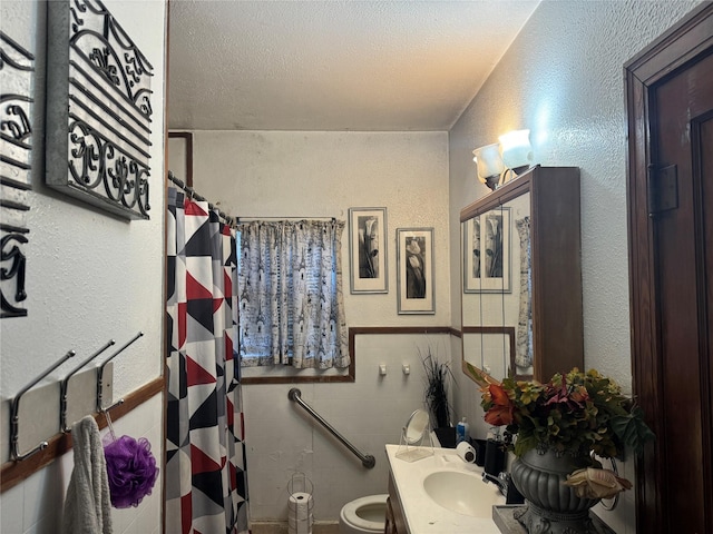 bathroom with vanity, a textured ceiling, toilet, and walk in shower