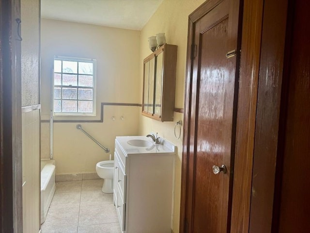 full bathroom with tile patterned floors, shower / bath combination, toilet, and vanity