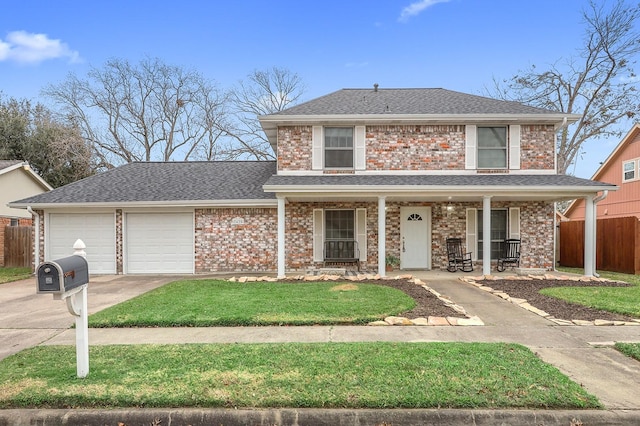 view of property featuring a porch and a garage