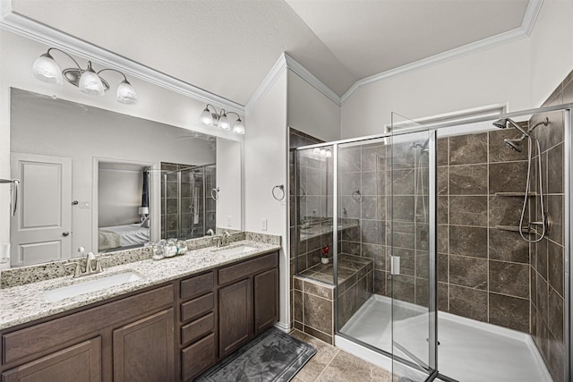 bathroom featuring crown molding, tile patterned floors, an enclosed shower, and vanity