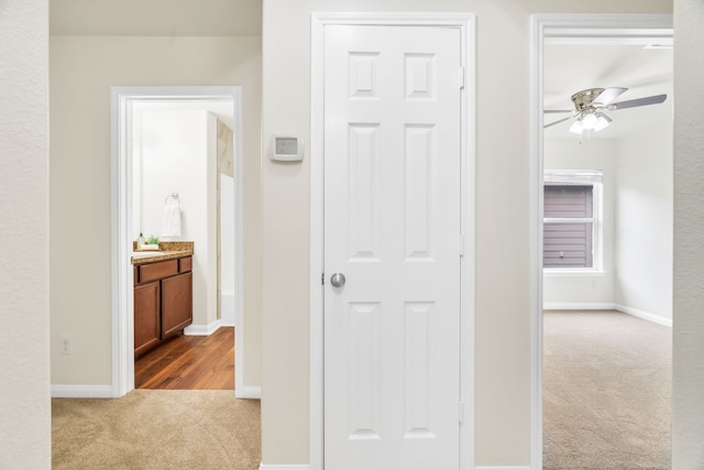 hall featuring light carpet