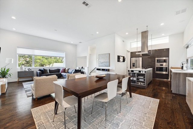 dining area featuring sink and dark wood-type flooring