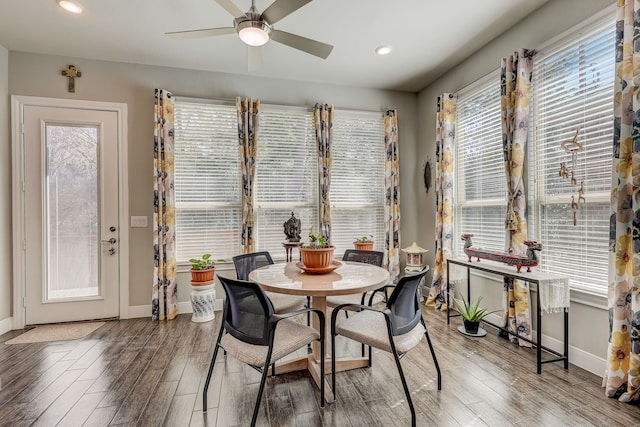 dining space with ceiling fan