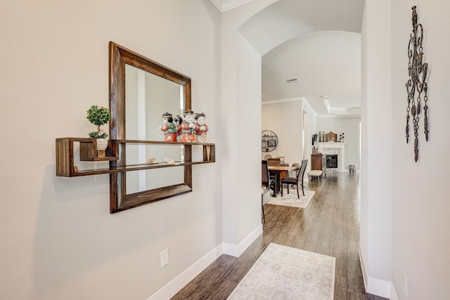 hall featuring hardwood / wood-style floors and ornamental molding