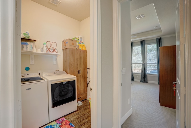 laundry area with washer and dryer, light colored carpet, and crown molding