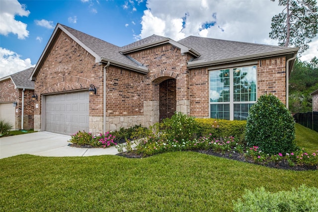 view of front of property featuring a garage and a front lawn