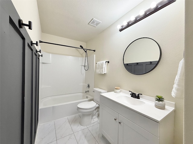 full bathroom with a textured ceiling, vanity, toilet, and tub / shower combination