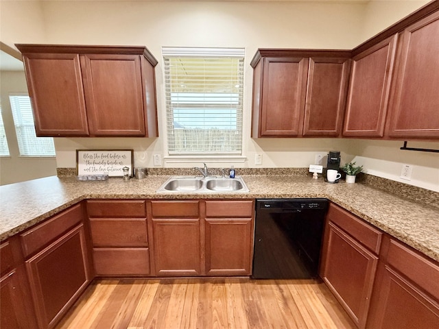 kitchen featuring sink, light wood-type flooring, and black dishwasher