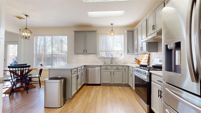 kitchen featuring kitchen peninsula, appliances with stainless steel finishes, decorative light fixtures, and gray cabinetry