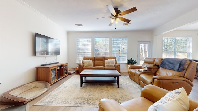 living room featuring hardwood / wood-style floors, ceiling fan, ornamental molding, and a wealth of natural light