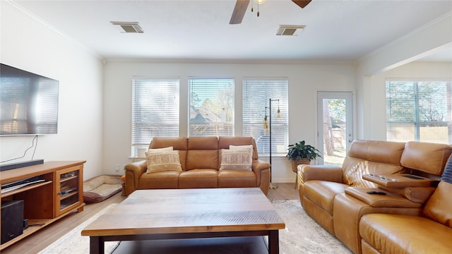 living room featuring light hardwood / wood-style flooring, ceiling fan, and crown molding