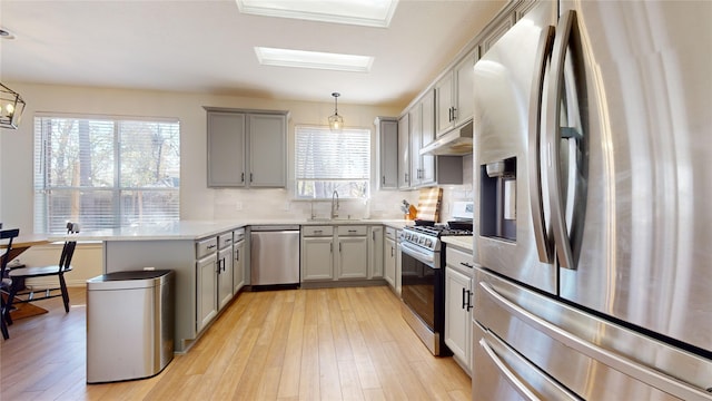 kitchen with gray cabinets, light hardwood / wood-style flooring, pendant lighting, and appliances with stainless steel finishes