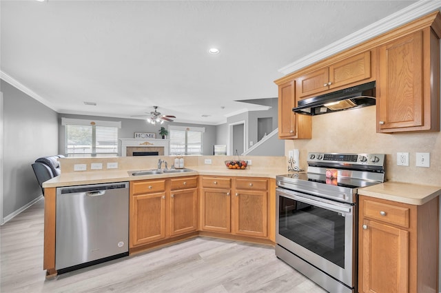 kitchen with sink, crown molding, kitchen peninsula, and stainless steel appliances