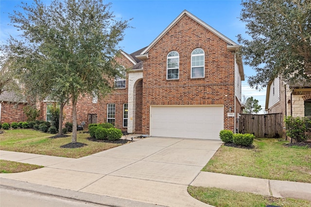 front facade with a garage and a front lawn