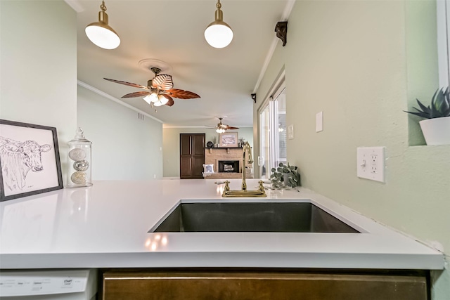 kitchen with dishwasher, a fireplace, ceiling fan, ornamental molding, and a sink