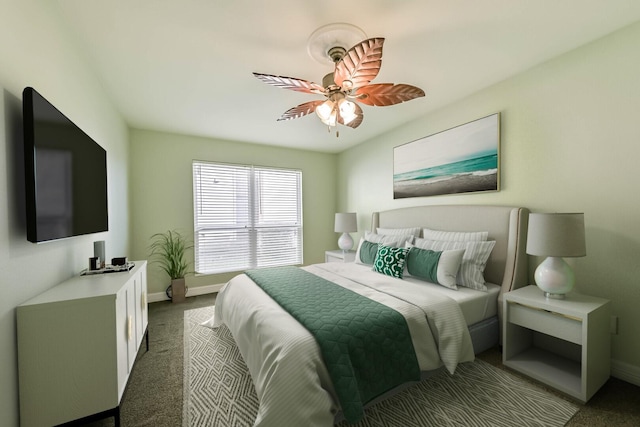 bedroom with baseboards, carpet, and a ceiling fan
