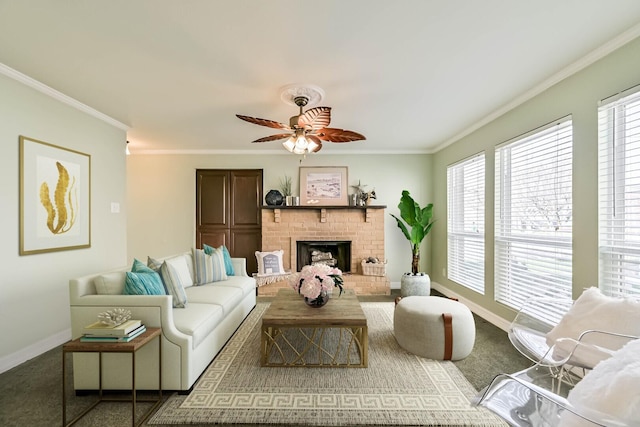 carpeted living room featuring ornamental molding, baseboards, a fireplace, and a wealth of natural light