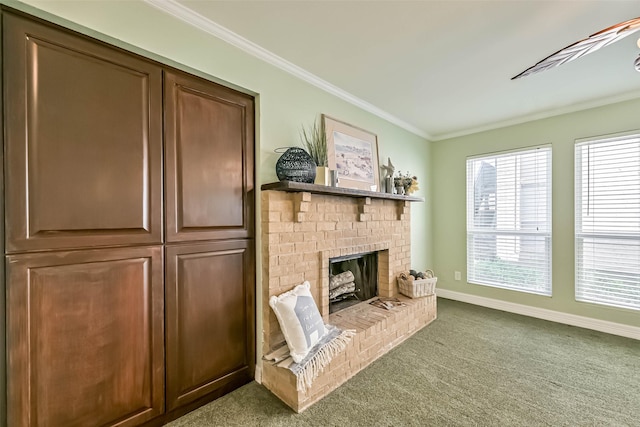 unfurnished living room with baseboards, a fireplace, carpet, and crown molding