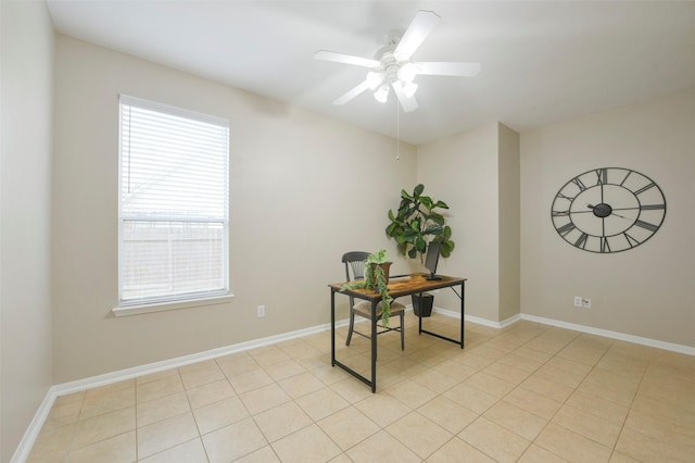 tiled home office with ceiling fan