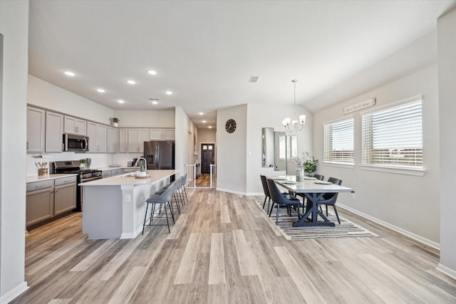 kitchen with gray cabinets, an island with sink, hanging light fixtures, and appliances with stainless steel finishes