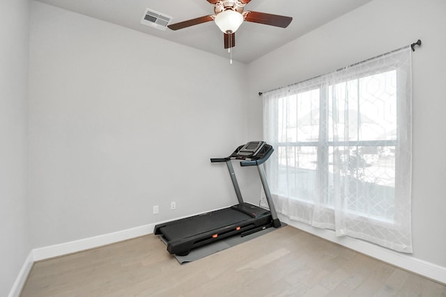 workout room with wood-type flooring and ceiling fan