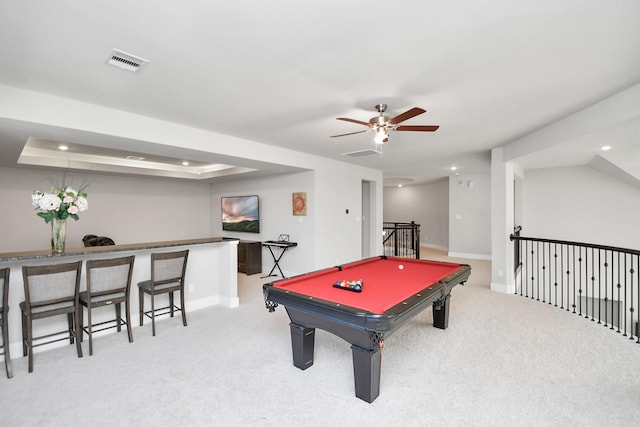 game room featuring ceiling fan, a raised ceiling, light carpet, and pool table