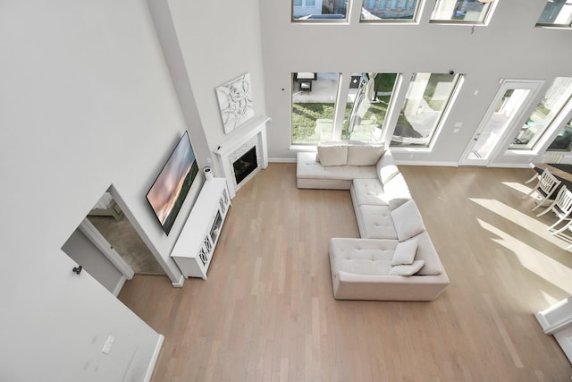 living room featuring light hardwood / wood-style floors and a high ceiling