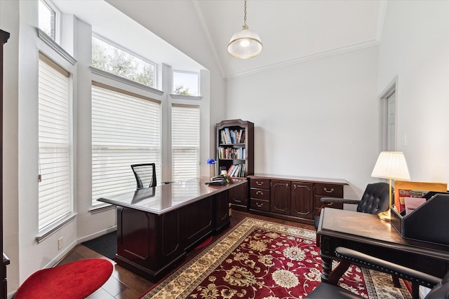 office space with high vaulted ceiling and dark wood-type flooring