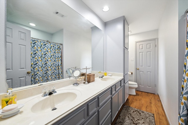 bathroom featuring toilet, vanity, and wood-type flooring