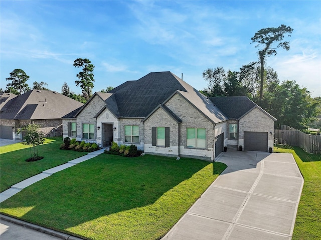 view of front of property with a front yard and a garage