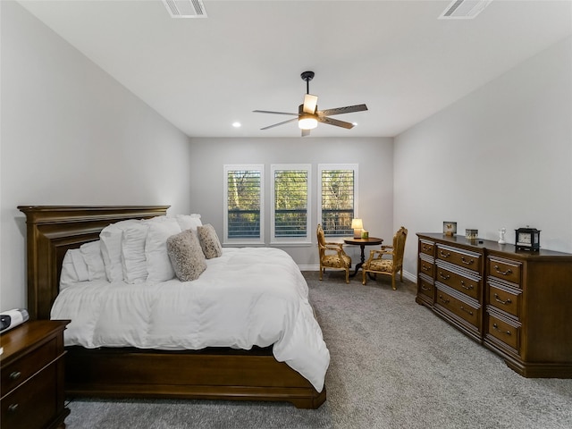 carpeted bedroom with ceiling fan