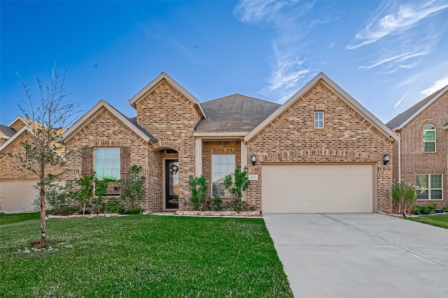 view of front of house with a garage and a front lawn