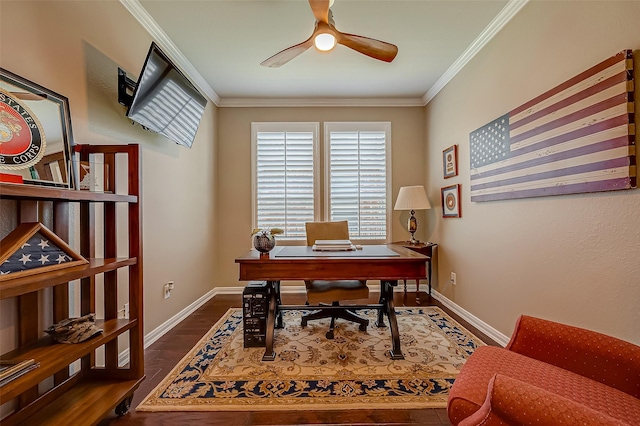 office space with ceiling fan, dark hardwood / wood-style floors, and ornamental molding