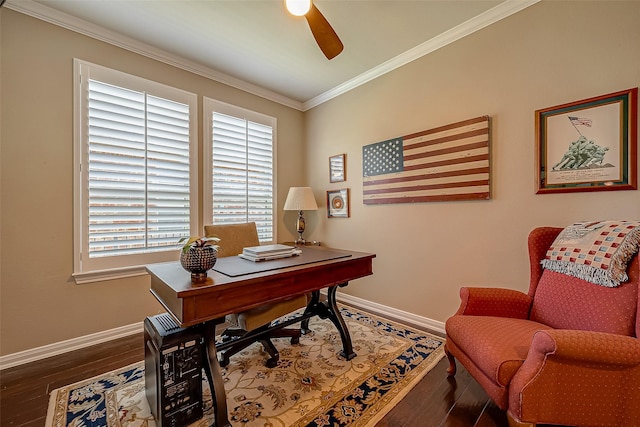 office with crown molding, ceiling fan, and dark wood-type flooring