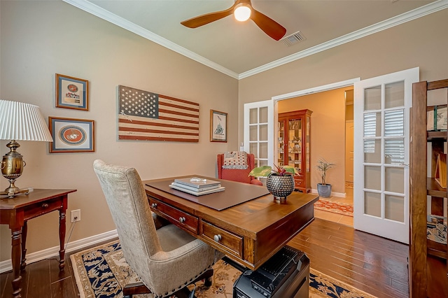 home office with dark hardwood / wood-style flooring, crown molding, french doors, and ceiling fan